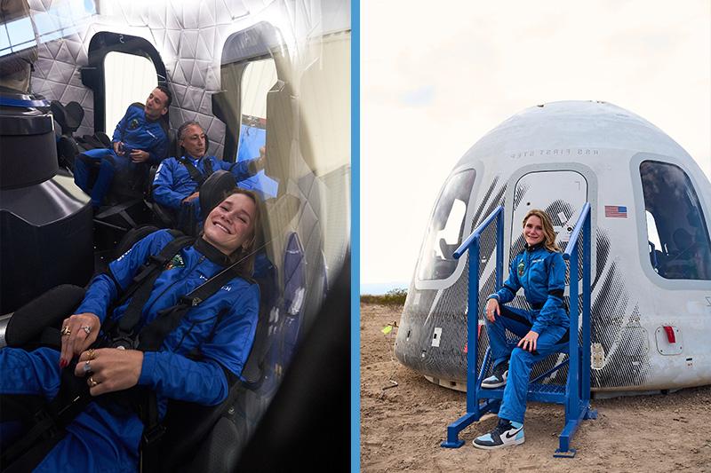 Two-photo collage with pictures of: Karsen 厨房 in an astronaut uniform posing for a portrait outside of a space capsule; and 厨房 sitting in a spaceship along with two other astronauts.