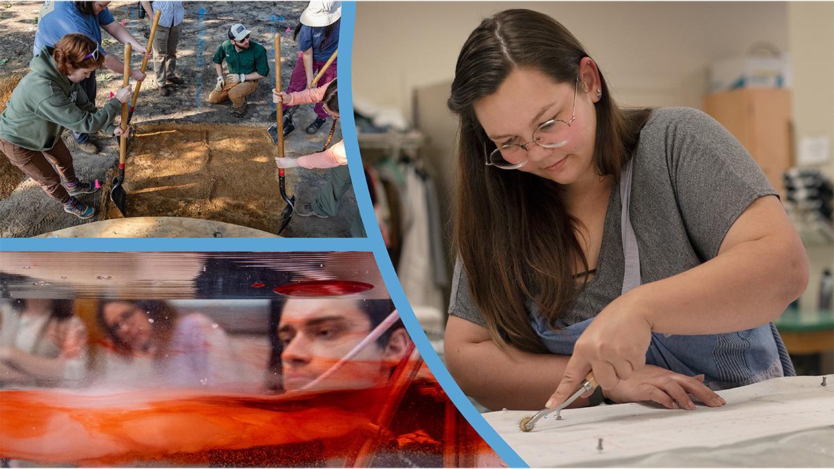 Three-photo collage of a a student working on a costume in a costume-production class; students at an archaeological dig; 和 a student looking at a water tank.